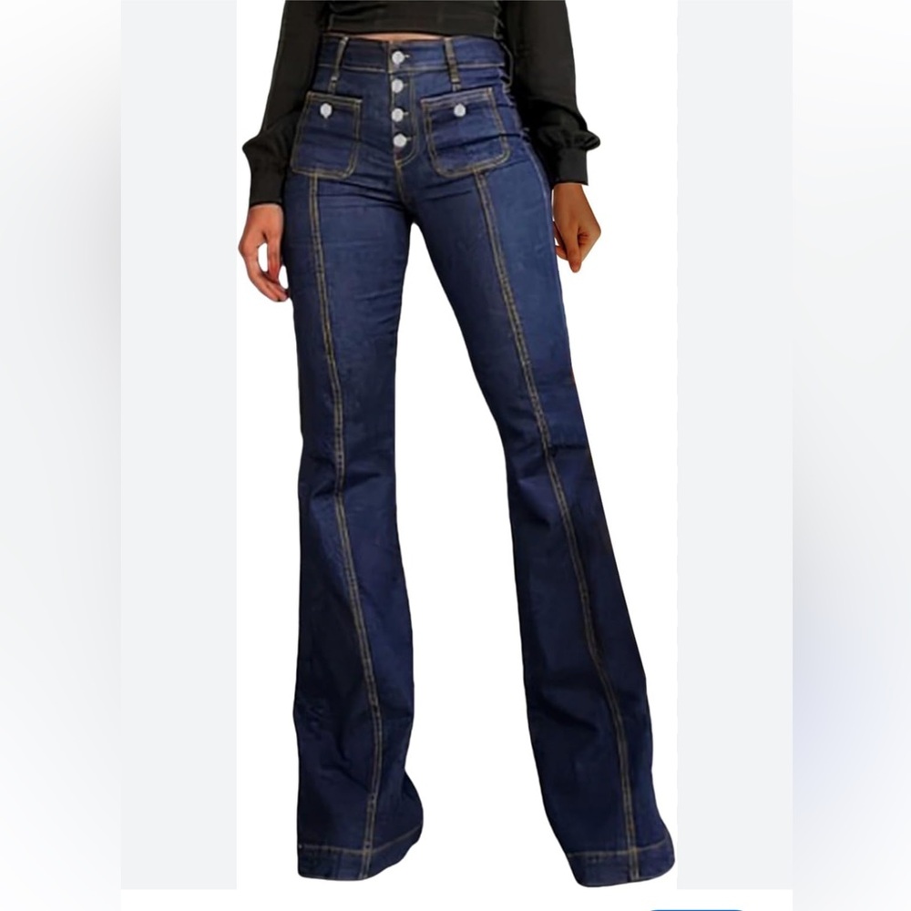 Generic Retro Jeans For Women’s High Waisted Front Button Flart Denim Trousers